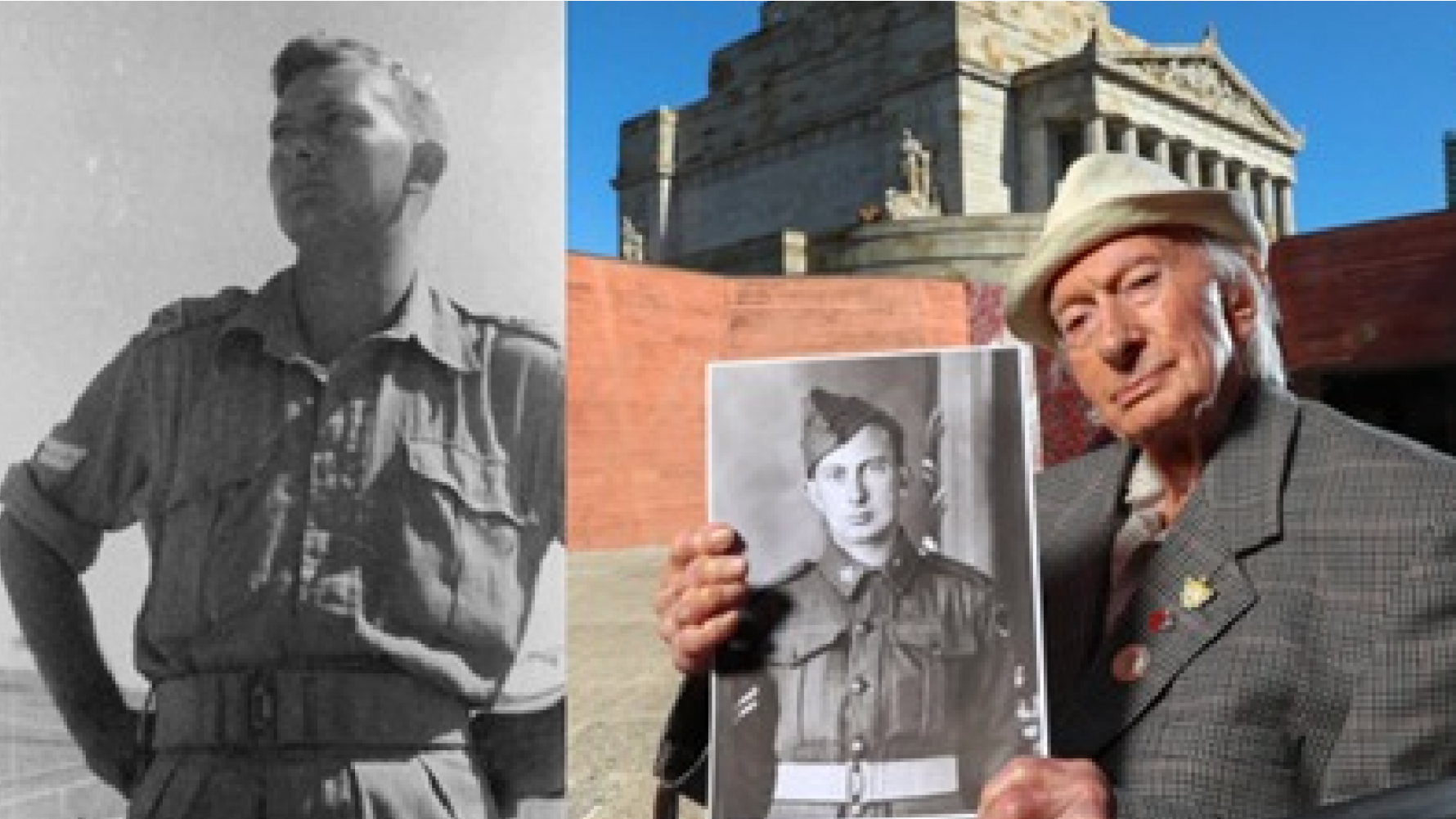 Geoff Pullman holding a picture of a soldier