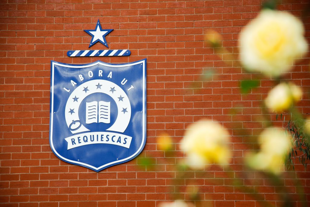 A red brick wall with the Caulfield Grammar School emblem in navy and blue with some yellow roses in the foreground. This photo evokes a sense of our community and our design to recognise them through award nominations.